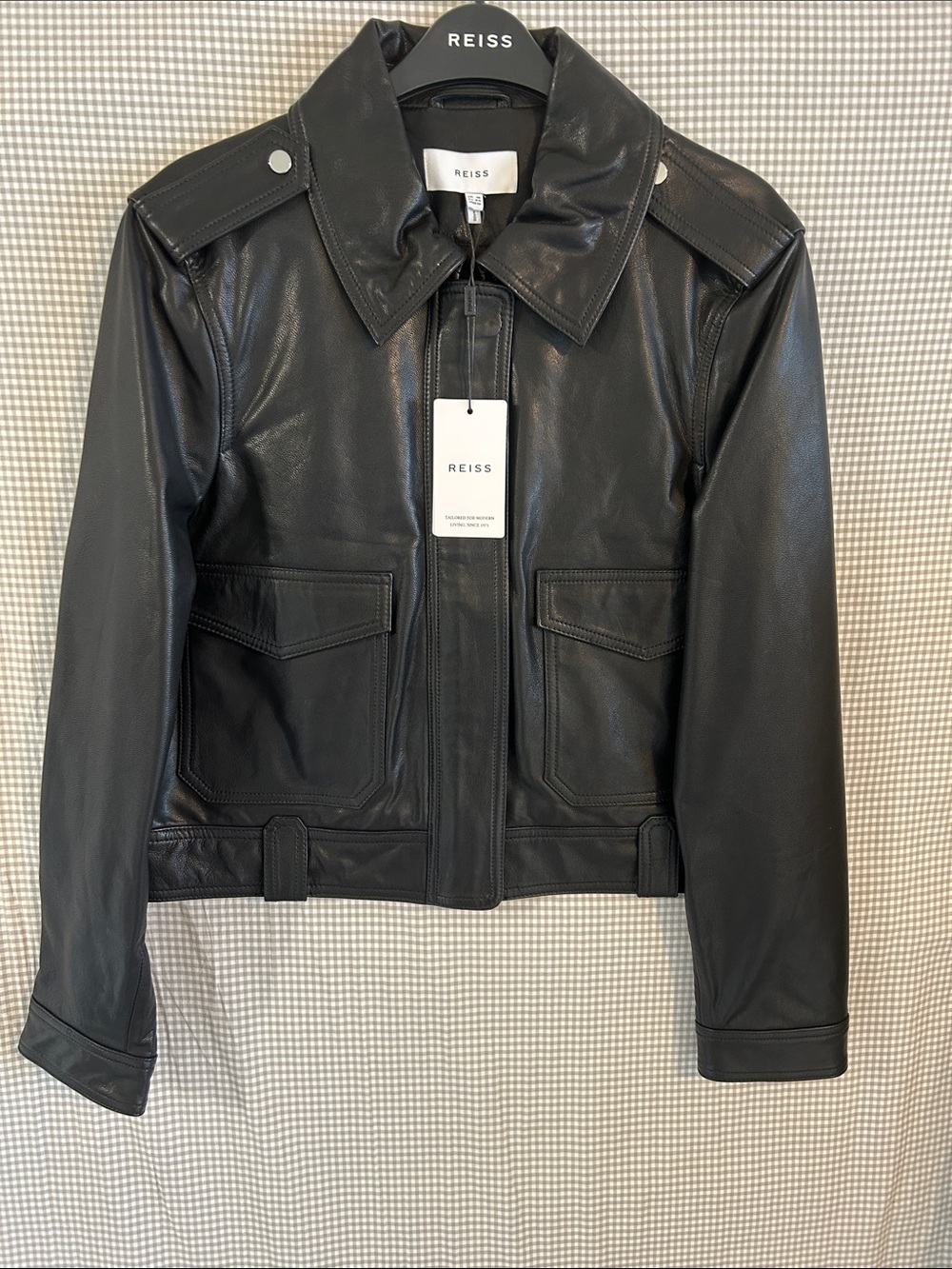 REISS Black Leather Zip Jacket with Epaulets - size uk 16 / us 12